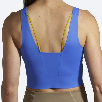 Model (back) view of Brooks Run Within Crop Tank for women