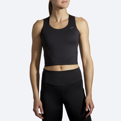 Model (front) view of Brooks Run Within Crop Tank for women