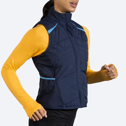 Movement angle (treadmill) view of Brooks Shield Hybrid Vest for women