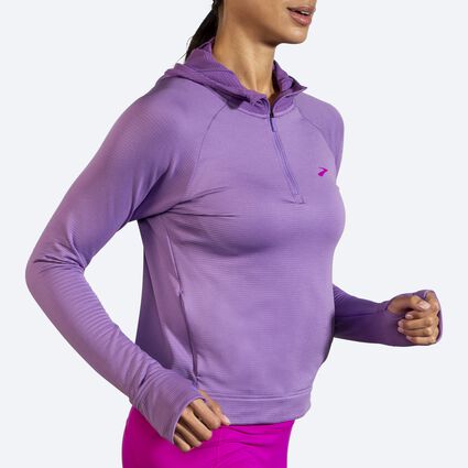 Movement angle (treadmill) view of Brooks Notch Thermal Hoodie for women