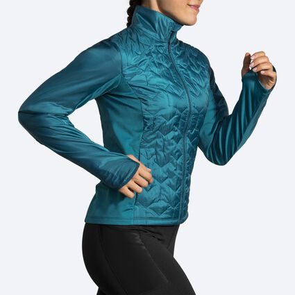 Movement angle (treadmill) view of Brooks Shield Hybrid Jacket for women
