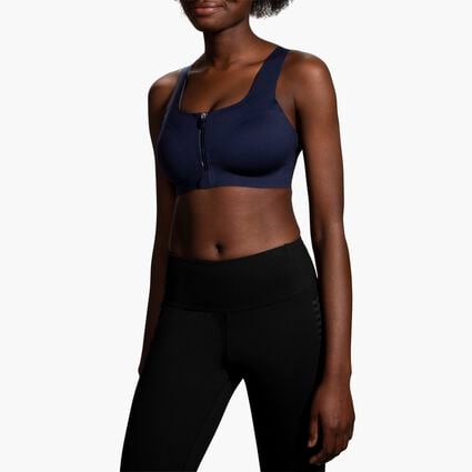 Model angle (relaxed) view of Brooks Dare Zip Run Bra for null