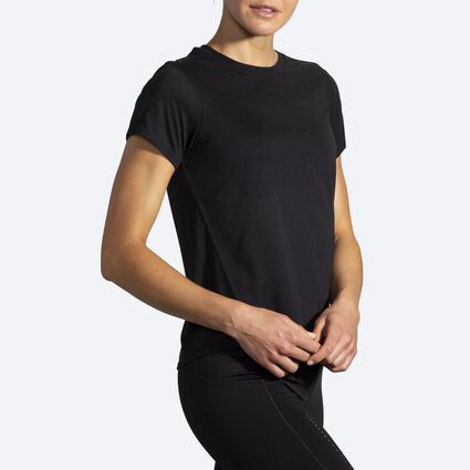 Model angle (relaxed) view of Brooks Distance Short Sleeve for women