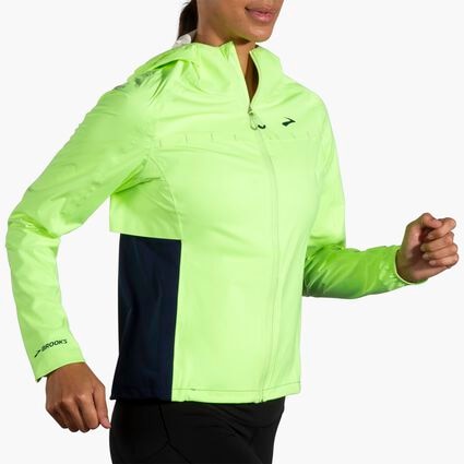Movement angle (treadmill) view of Brooks High Point Waterproof Jacket for women
