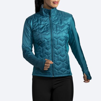 Model angle (relaxed) view of Brooks Shield Hybrid Jacket for women