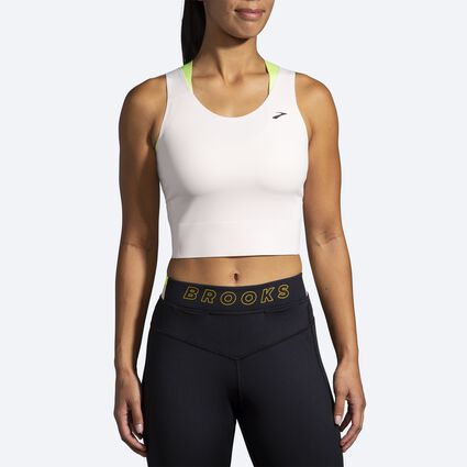 Model (front) view of Brooks Run Within Crop Tank for women