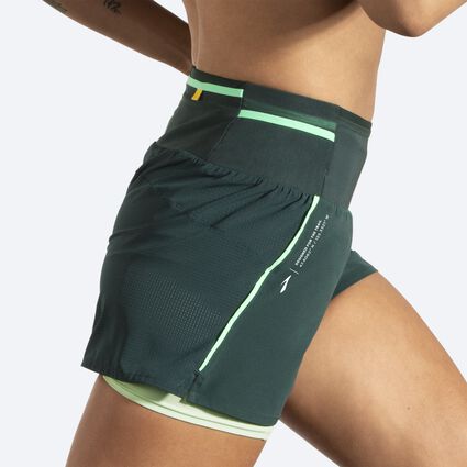 Movement angle (treadmill) view of Brooks High Point 3" 2-in-1 Short 2.0 for women