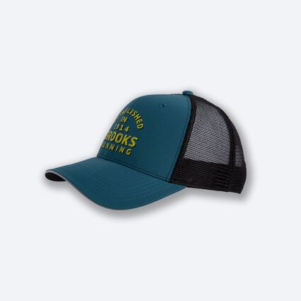 Laydown (front) view of Brooks Discovery Trucker Hat for unisex