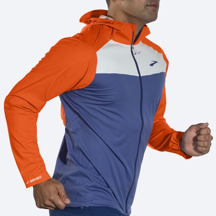 Movement angle (treadmill) view of Brooks High Point Waterproof Jacket for men