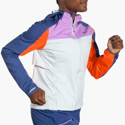 Movement angle (treadmill) view of Brooks High Point Waterproof Jacket for women