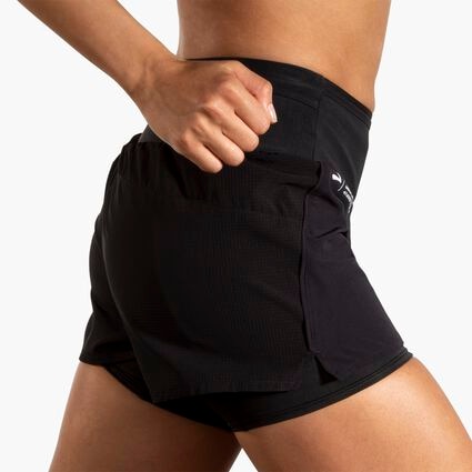 Movement angle (treadmill) view of Brooks High Point 3" 2-in-1 Short 2.0 for women