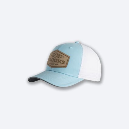 Laydown (front) view of Brooks Discovery Trucker Hat for unisex