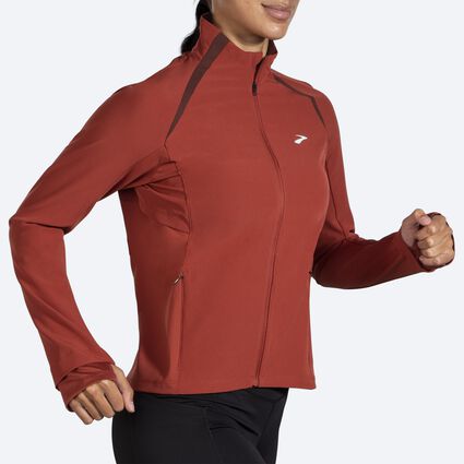 Movement angle (treadmill) view of Brooks Fusion Hybrid Jacket for women