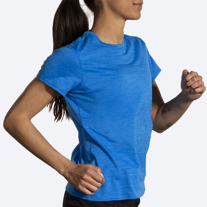 Movement angle (treadmill) view of Brooks Luxe Short Sleeve for women