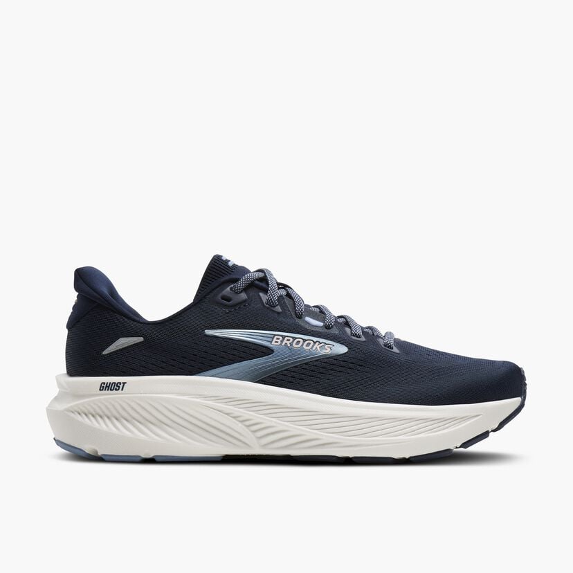 Navy Brooks women’s Ghost 18 running shoe with a white midsole.