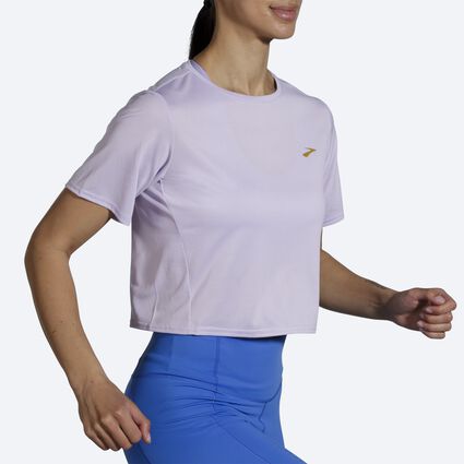 Movement angle (treadmill) view of Brooks Run Within Crop Tee for women