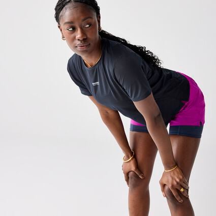 Movement angle (treadmill) view of Brooks High Point 3" 2-in-1 Short 2.0 for women