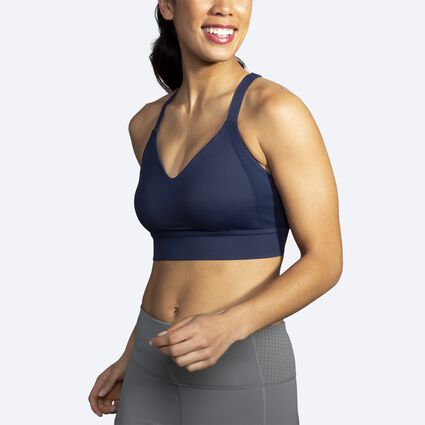 Model angle (relaxed) view of Brooks Interlace Sports Bra for women