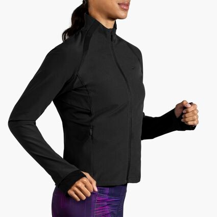 Movement angle (treadmill) view of Brooks Fusion Hybrid Jacket for women