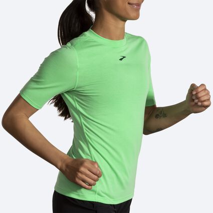 Movement angle (treadmill) view of Brooks High Point Short Sleeve for women