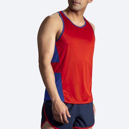 Model angle (relaxed) view of Brooks Stealth Singlet for men