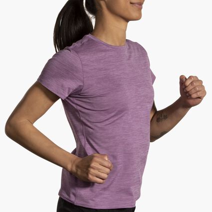 Movement angle (treadmill) view of Brooks Luxe Short Sleeve for women