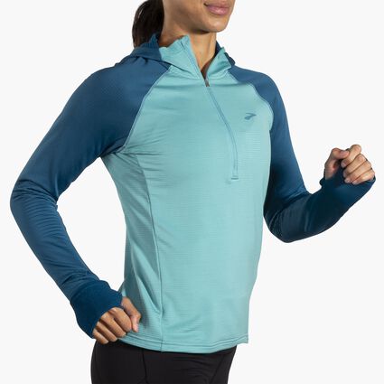 Movement angle (treadmill) view of Brooks Notch Thermal Hoodie 2.0 for women