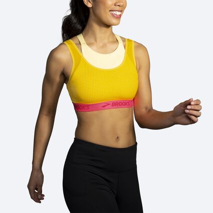 Model angle (relaxed) view of Brooks Drive Mesh Run Bra for women