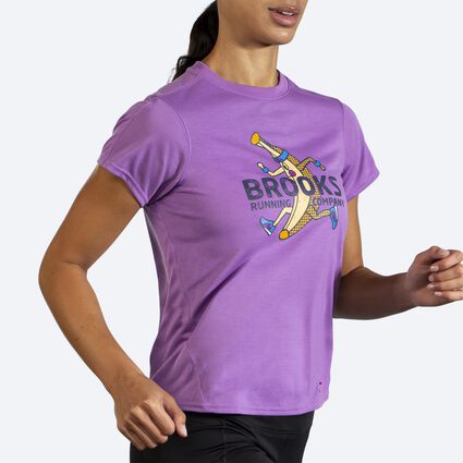 Movement angle (treadmill) view of Brooks Distance Graphic Short Sleeve for women