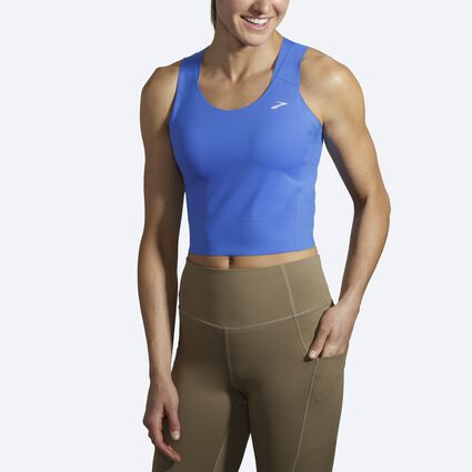 Model angle (relaxed) view of Brooks Run Within Crop Tank for women