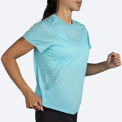 Movement angle (treadmill) view of Brooks Distance Short Sleeve for women
