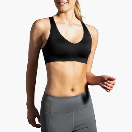 Model angle (relaxed) view of Brooks Dare V Neck Run Bra for null