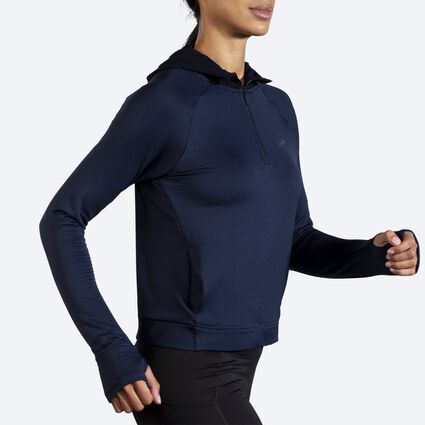 Movement angle (treadmill) view of Brooks Notch Thermal Hoodie for women