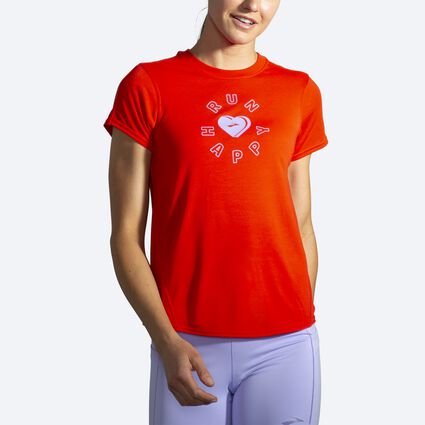 Model angle (relaxed) view of Brooks Distance Graphic Short Sleeve for women