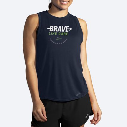 Model angle (relaxed) view of Brooks BLG Distance Graphic Tank for women