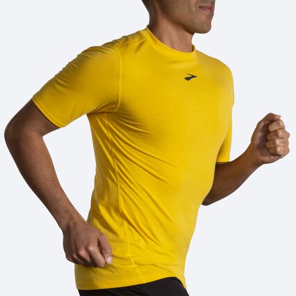 Movement angle (treadmill) view of Brooks High Point Short Sleeve for men