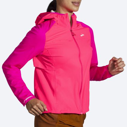 Movement angle (treadmill) view of Brooks High Point Waterproof Jacket for women