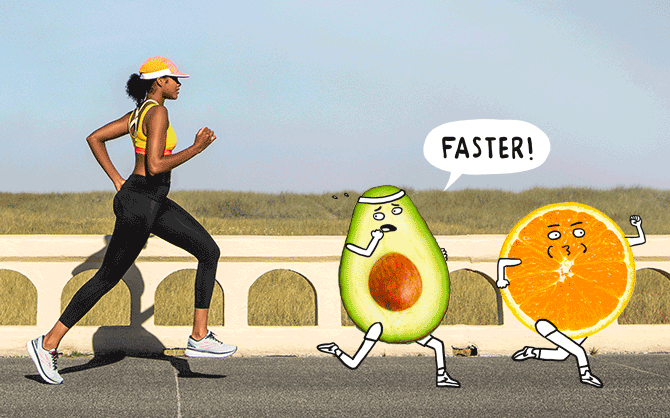 Woman running with an avocado and an orange