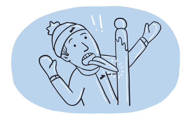Illustration d’un homme portant des moufles et un bonnet, et dont la langue est restée collée sur un poteau par temps froid.
