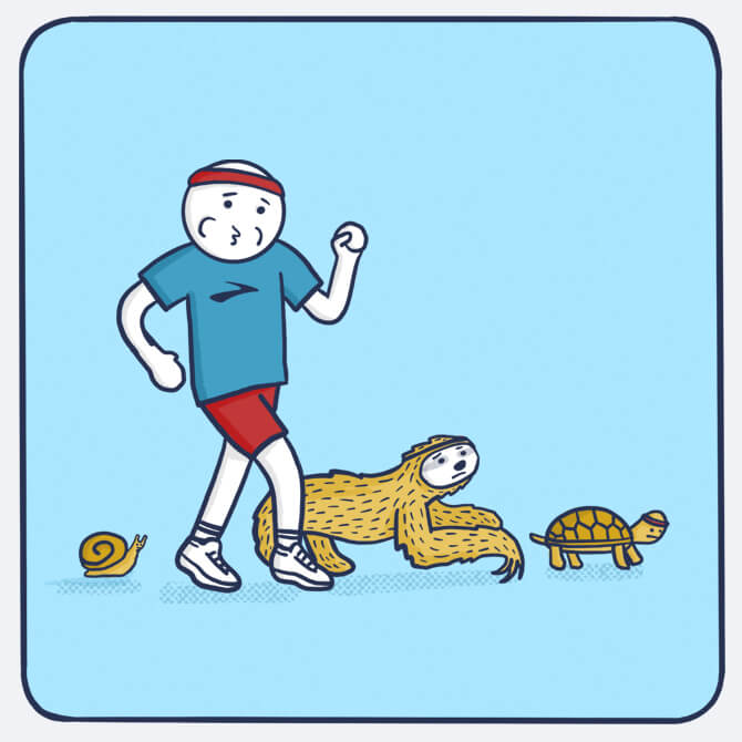 Illustration einer Person beim Walking mit einer Schnecke, einem Faultier und einer Schildkröte.