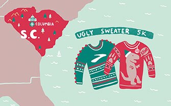 Close-up of South Carolina with two ugly Christmas sweaters