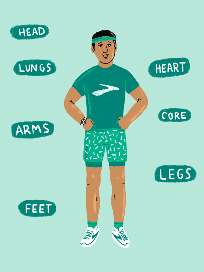 Ilustración de un corredor con una camiseta Brooks verde