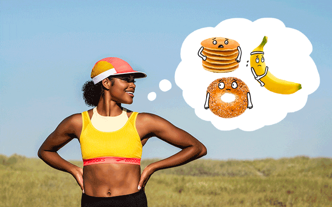 Woman running with an avocado and an orange