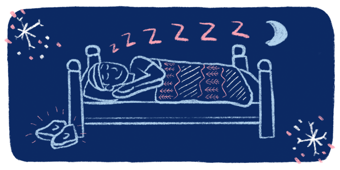 An chalk art style illustration of a runner smiling while asleep in a bed with running shoes laying on the floor ready to go for the morning run. 