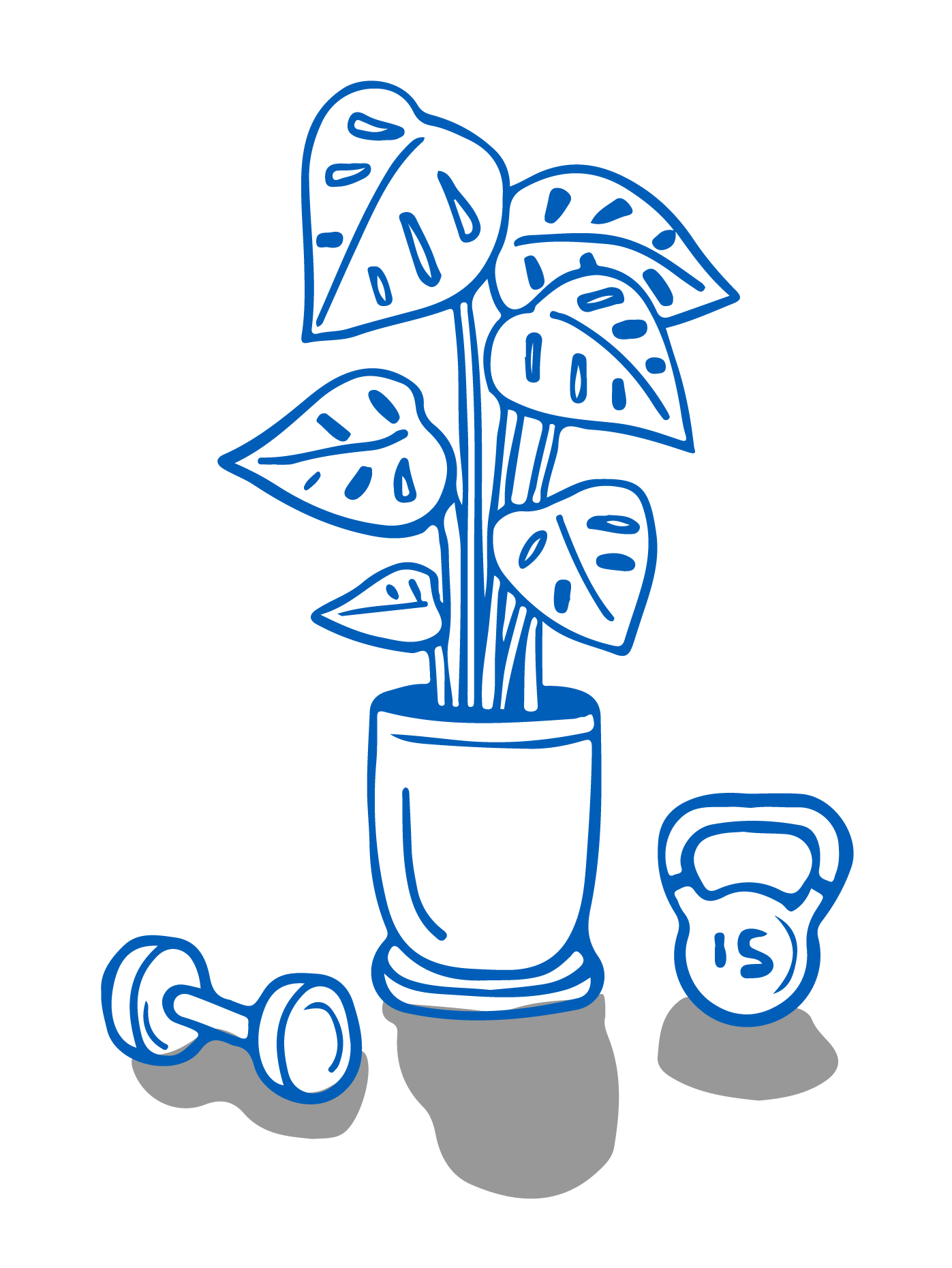 Een kamerplant op de vloer tussen een enkele halter en een kettlebell.