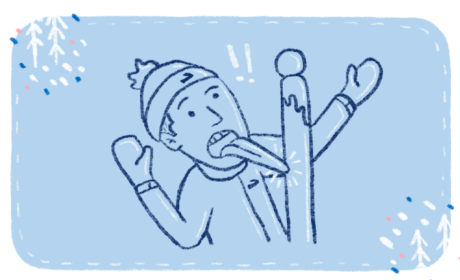 Abbildung eines Mannes, der Fäustlinge und eine Wollmütze trägt und dessen Zunge an einem kalten Tag an einem Pfahl festklebt.
