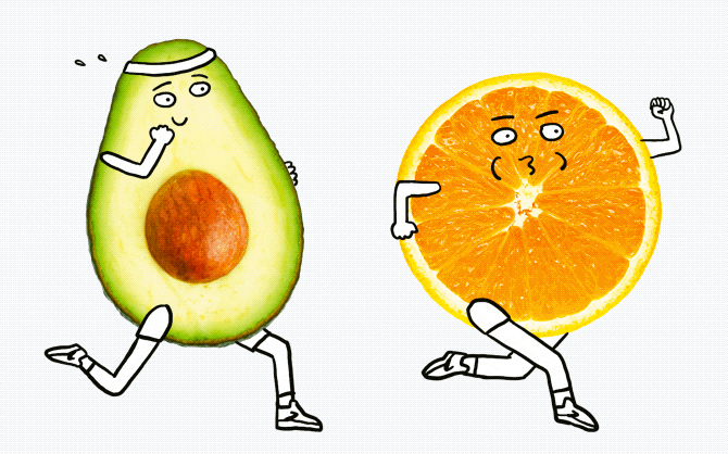 Silly animated GIF of an avocado and orange slice, both with facial features and arms and legs, running.