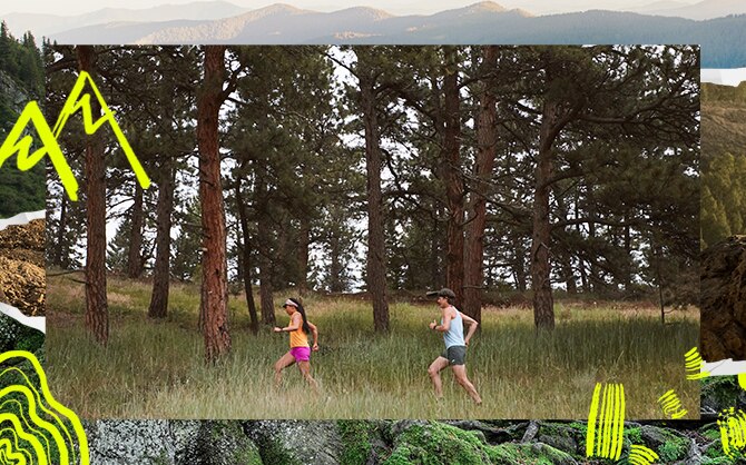 Side view of a man and a woman running in the woods