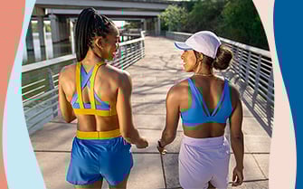 Two women walking outside