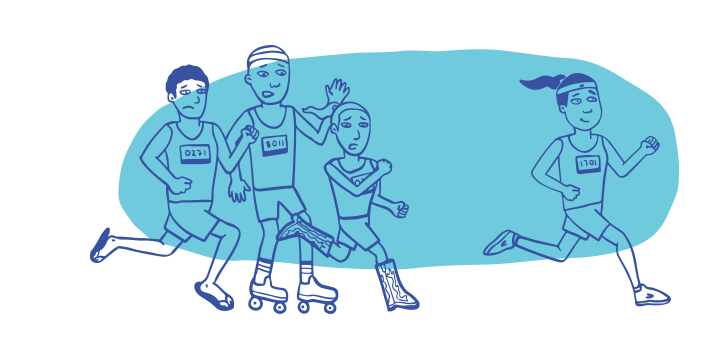 Illustration de quatre personnes participant à une course, avec une coureuse bien préparée qui se détache et creuse son avance.